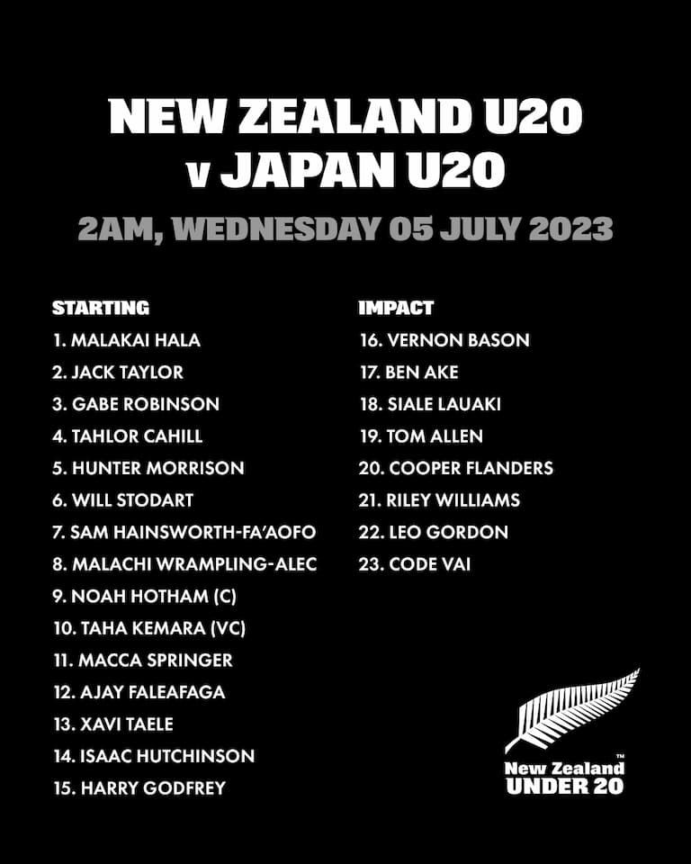 NZ U20 Squad – vs Japan Tuesday 4th July 2023