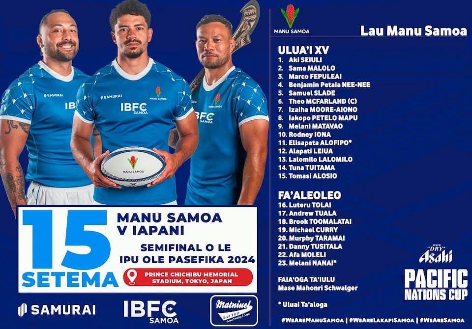 Samoa Squad vs Japan – Pacific Nations Cup 2024 SF